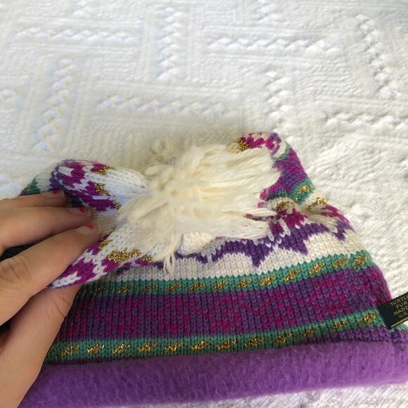 VTG 90s Y2K Turtle Fur Knit Pom Beanie Purple Fair-Isle Wool Blend OS USA Ski - Picture 6 of 10